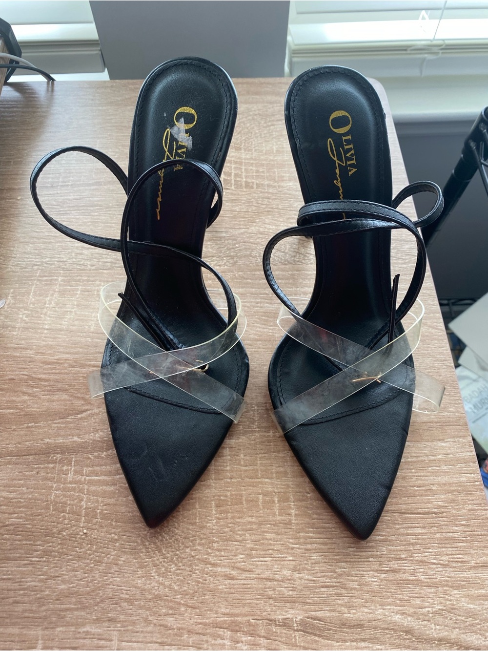 Olivia Ferguson Black Pointed Stiletto Heels with Clear Cross Straps